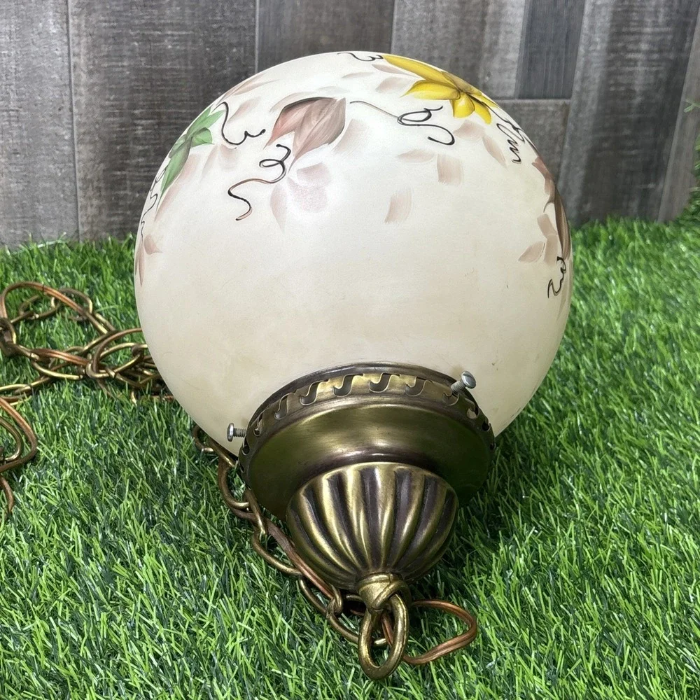 Vintage MCM Hand Painted Globe Swag Lamp Hanging Pendant Light
